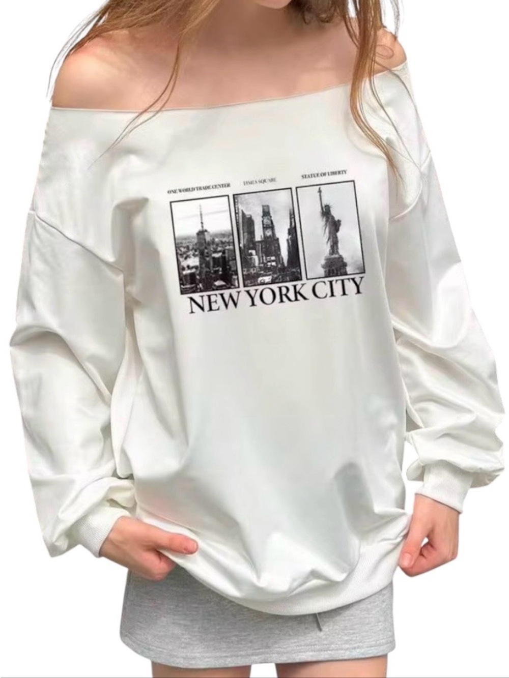 Shein Women’s XS White NYC Graphic Sweatshirt Off Shoulder Times Square Liberty